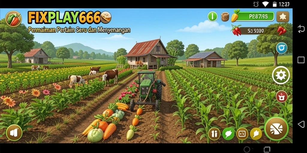 Screenshot gameplay FIXPLAY666 menampilkan petani yang bekerja di ladang hijau.
