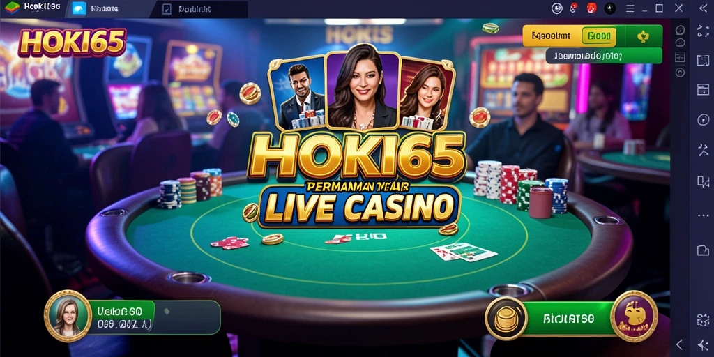 Gameplay Live Casino HOKI65 dengan dealer dan interaksi pengguna di area permainan.