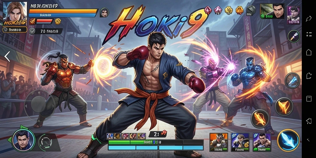 Screenshot gameplay HOKI9 menampilkan pertempuran seru antara karakter gladiator.