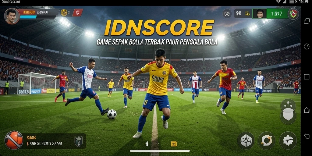 Screenshot gameplay IDNSCORE dengan atmosfer pertandingan sepak bola.