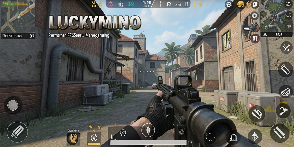 Screenshot gameplay LUCKYMINO menunjukkan pertempuran FPS yang intens.