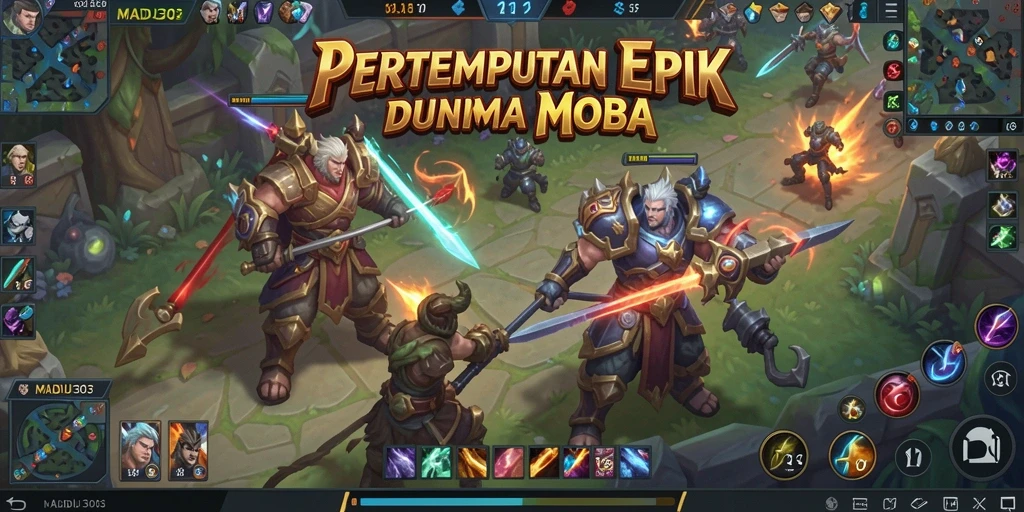 Tangkapan layar utama MADU303 menampilkan aksi seru dalam pertempuran MOBA.