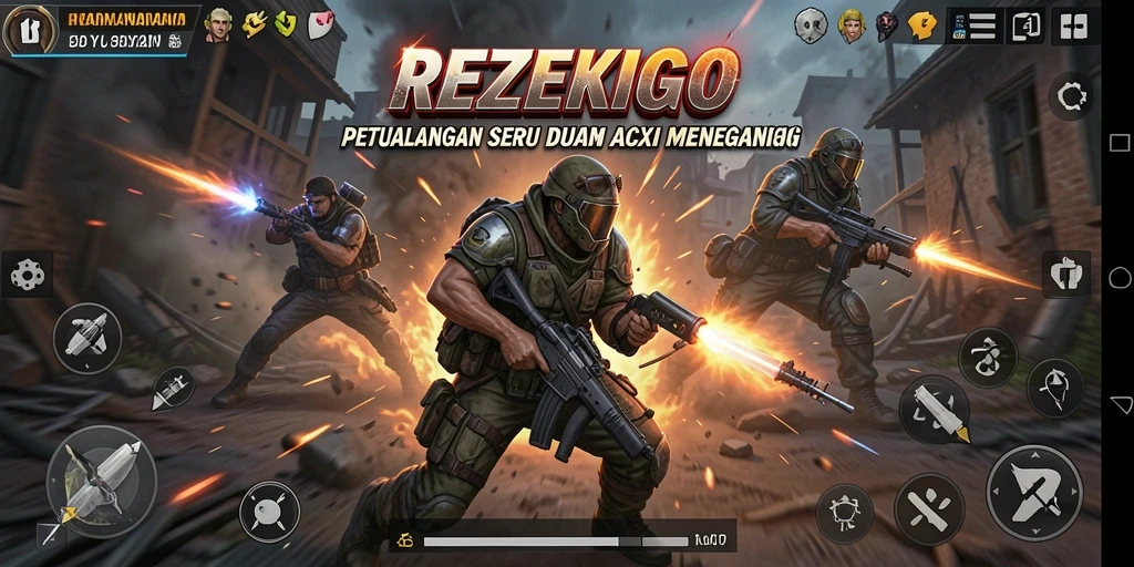 Tangkapan layar utama REZEKIGO menampilkan aksi seru pertempuran karakter.