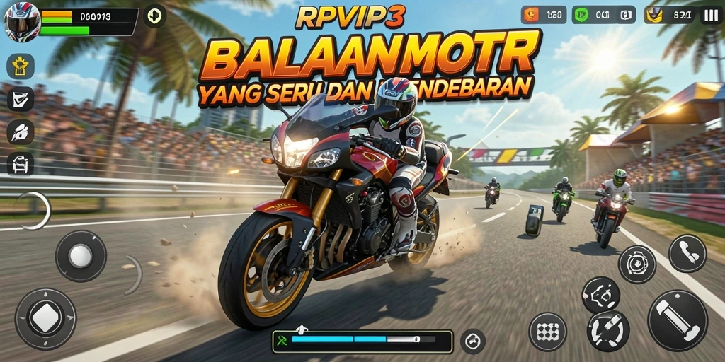 Gameplay RPVIP3 menampilkan kecepatan tinggi dan aksi mendebarkan di jalur balap.