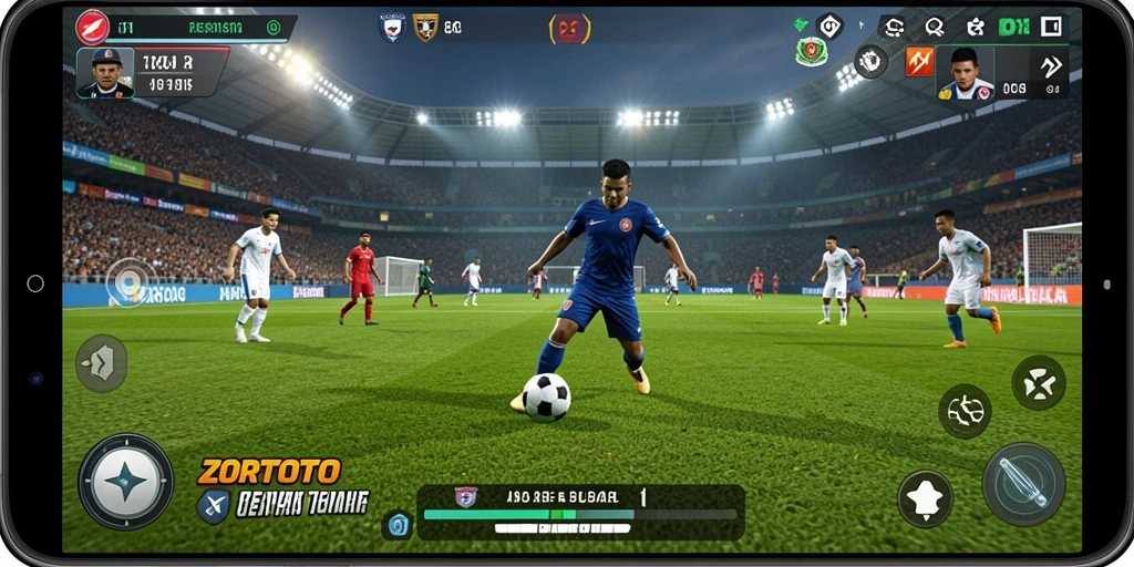Screenshot ZORTOTO menampilkan aksi seru dalam permainan sepak bola.